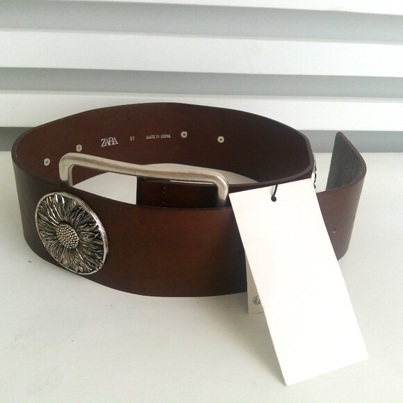 NWT ZARA WIDE LEATHER BELT WITH FLOWER BROWN 1736/059 - Picture 6 of 8